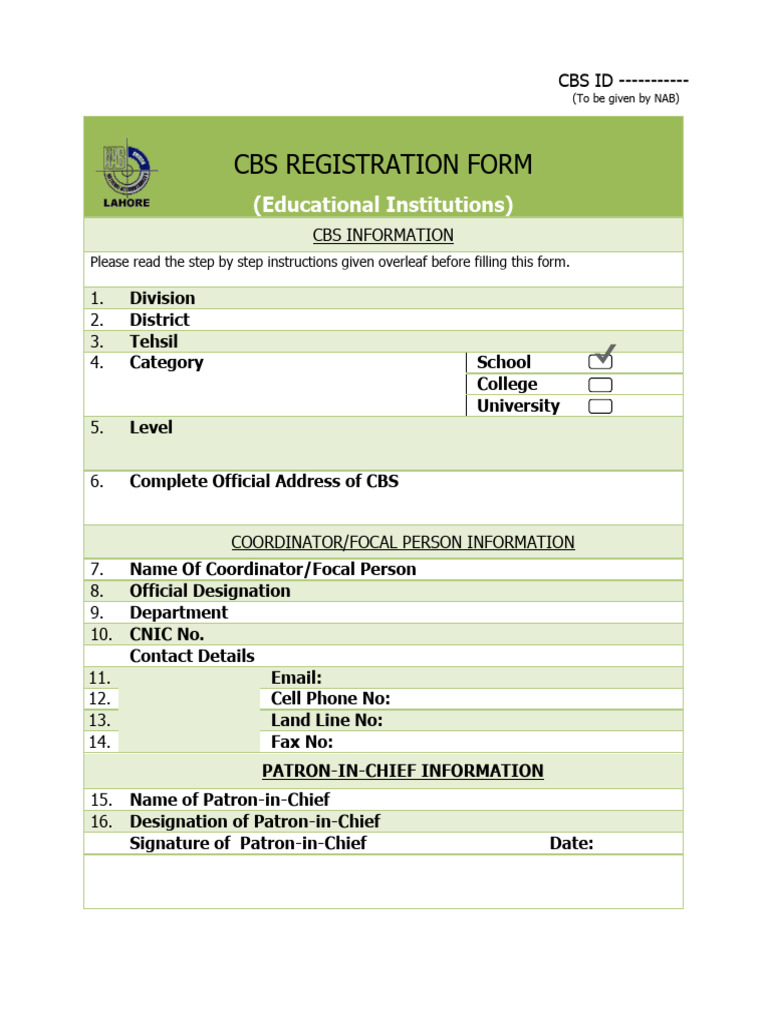 CBS Registration Form for Educational Institutions | PDF