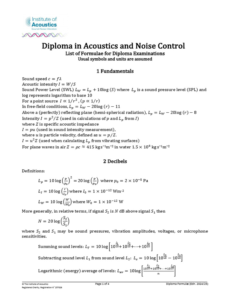Diploma in Acoustics Formulae 2024/25 | PDF | Amplitude | Decibel