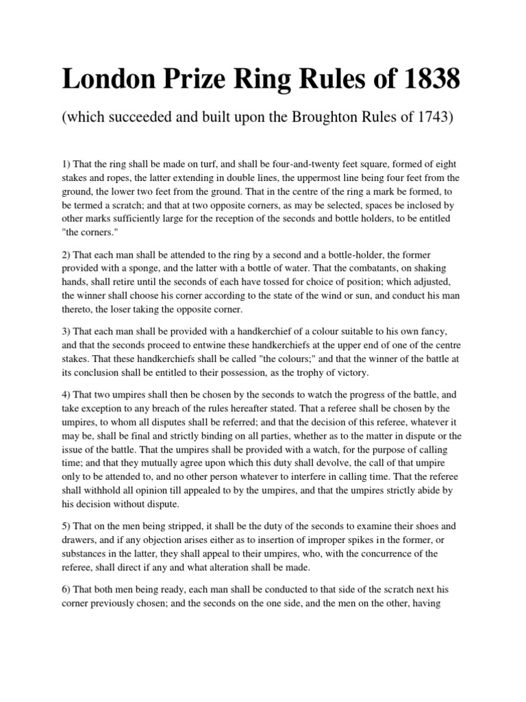 London Prize Ring Rules of Boxing of 1838 Referee Mixed Martial Arts