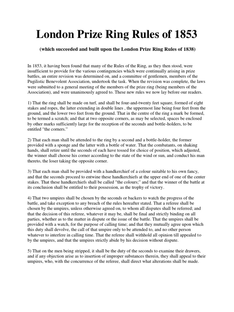 London Prize Ring Rules of Boxing 1853 PDF Referee Mixed Martial Arts
