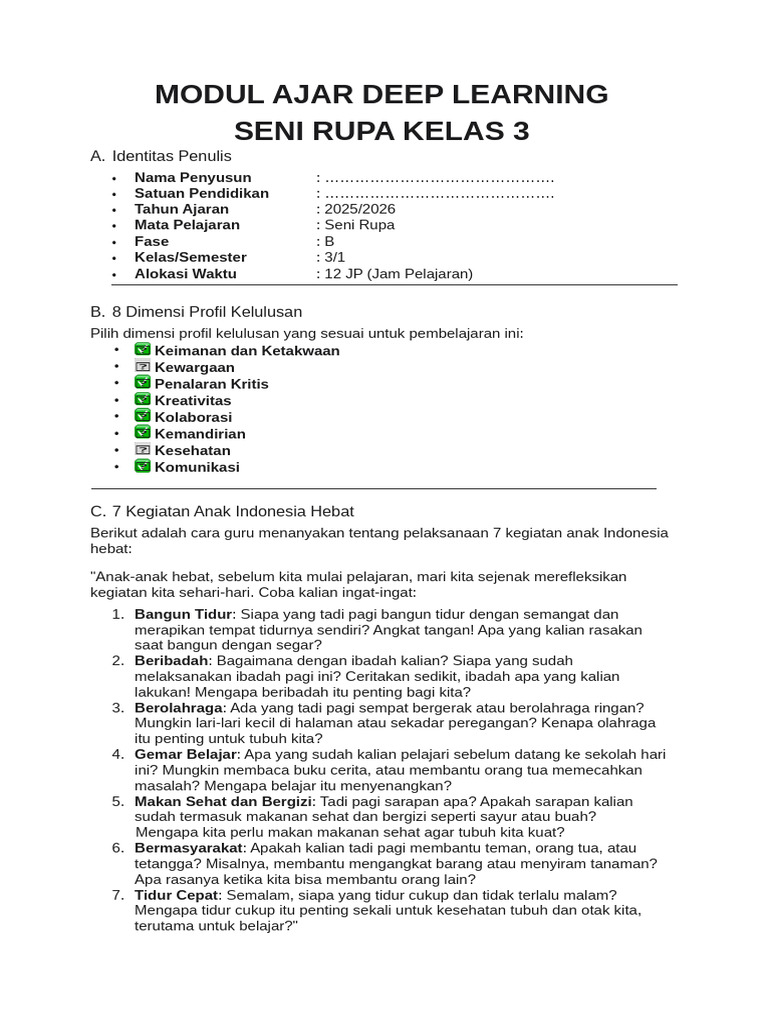 Modul Ajar Deep Learning Seni Rupa Kelas 3 | PDF