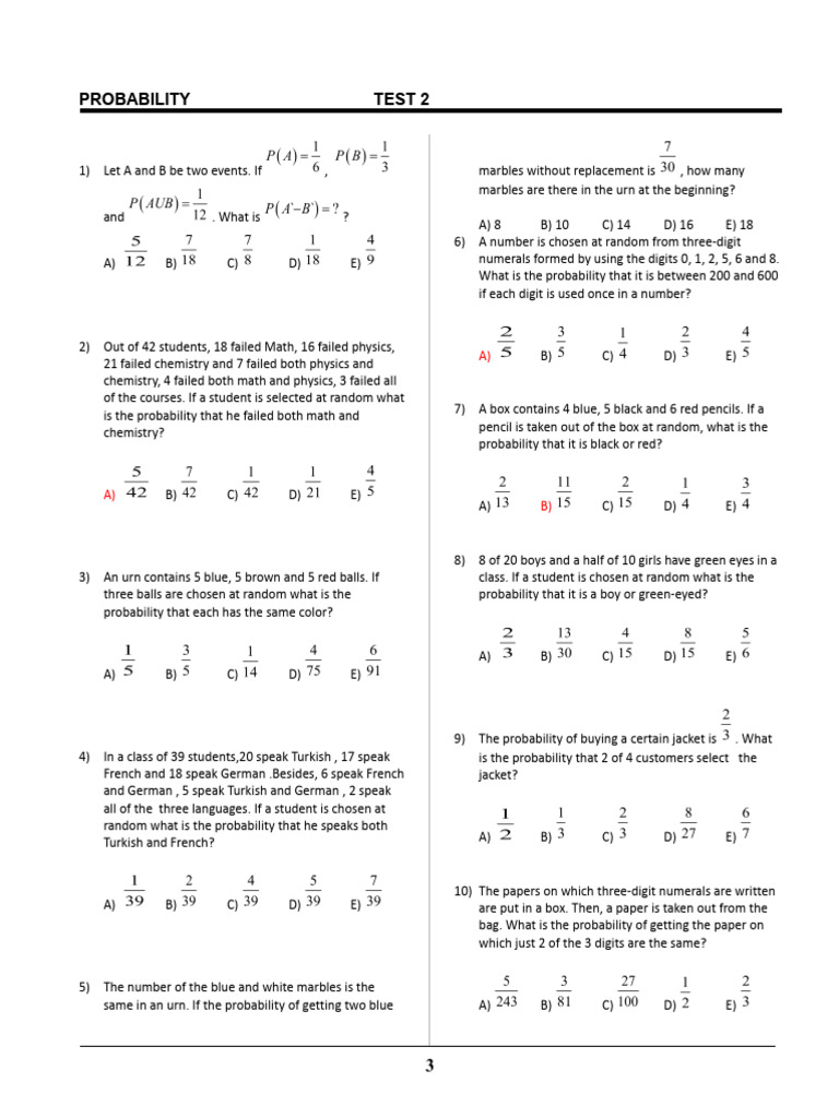 Probability Test Questions and Solutions | PDF
