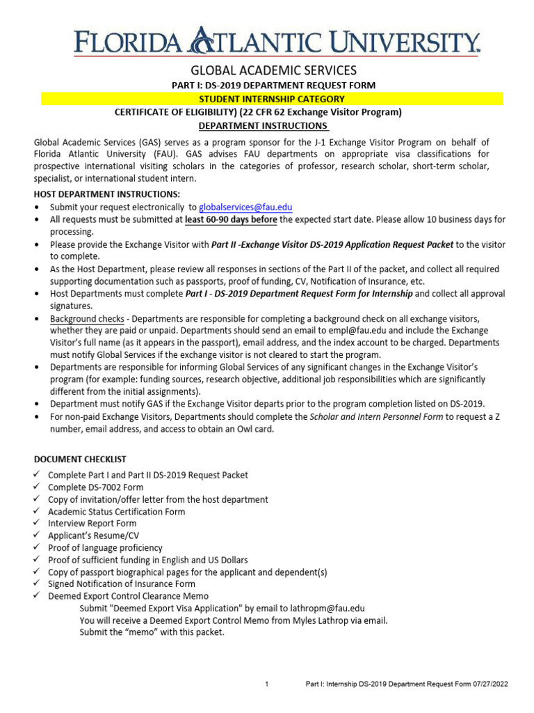 FAU Short-Term Internship DS-2019 Form | PDF | Internship | Job Hunting
