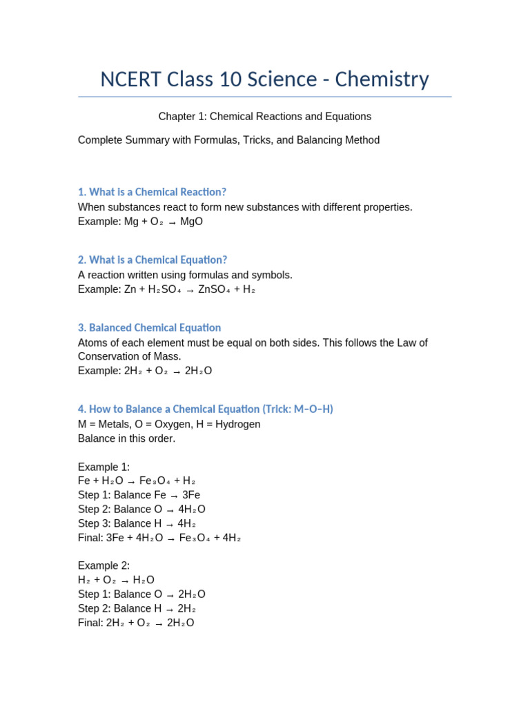 Chapter 1 Chemical Reactions Summary Assignment | PDF