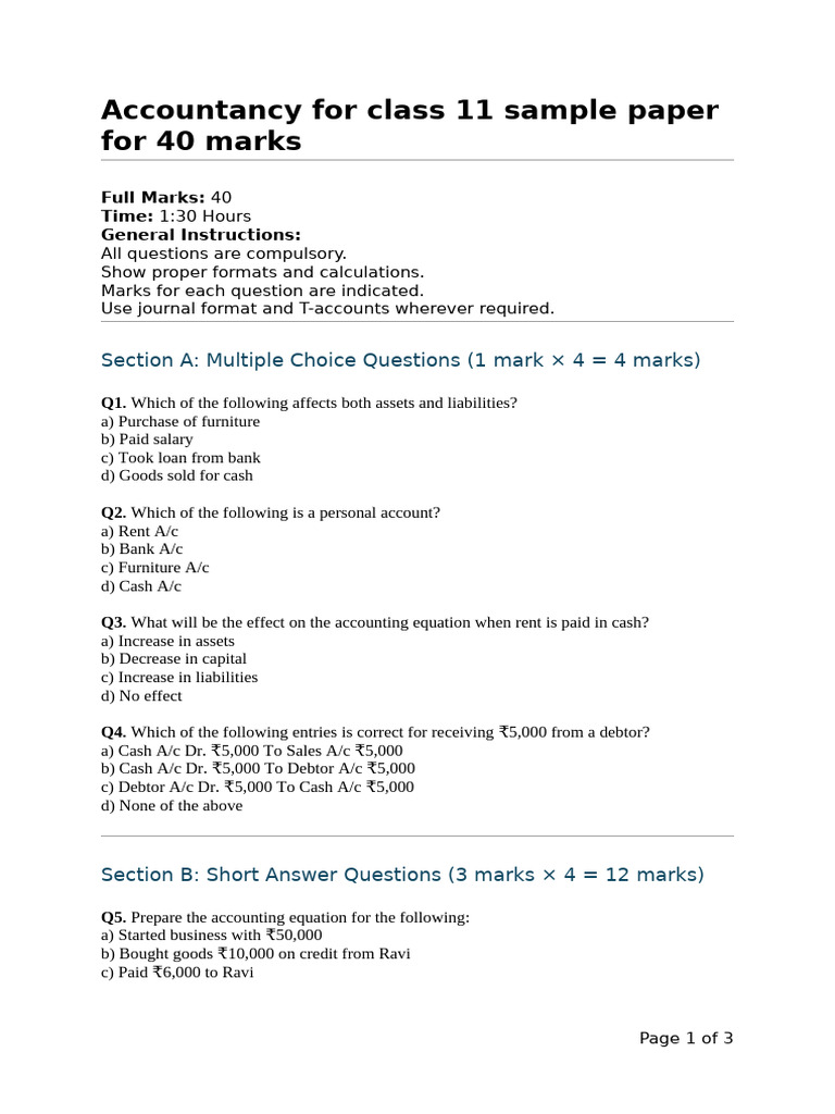 Class 11 Accountancy Sample Paper | PDF | Financial Accounting | Accounting