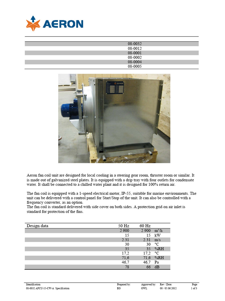 Aeron AFCU-15-CW-A Fan Coil Specs | PDF | Electrical Engineering ...