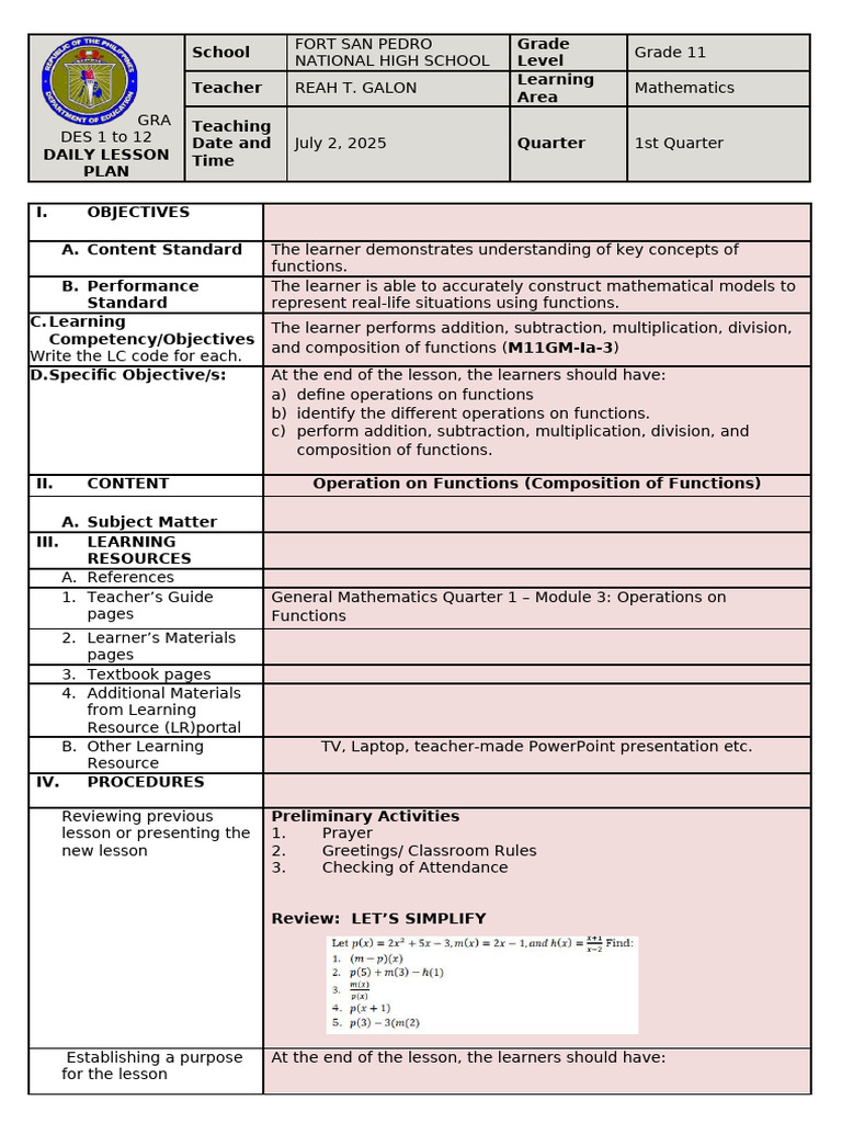Grade 11 Math Lesson Plan: Functions | PDF | Function (Mathematics ...