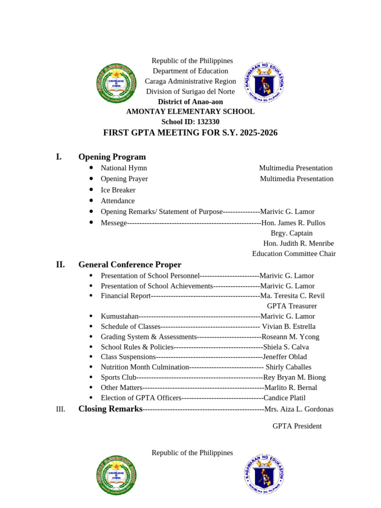 First GPTA Meeting Agenda 2025-2026 | PDF