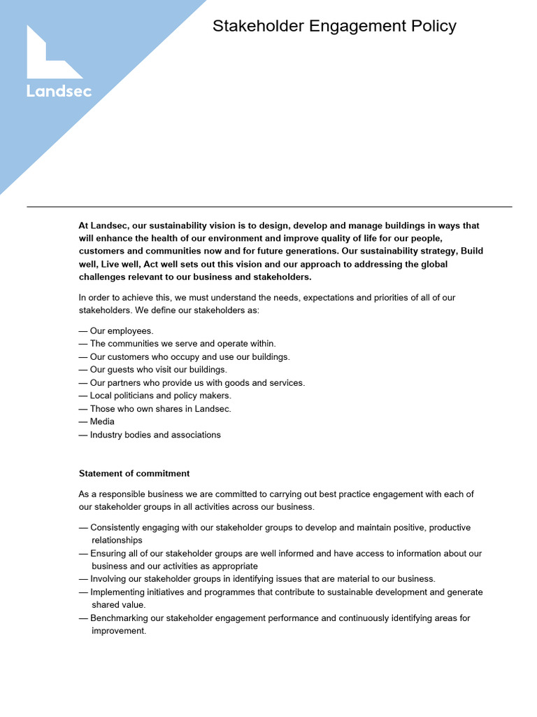 Landsec Stakeholder Engagement Policy 2024 - 0 | PDF | Sustainability ...
