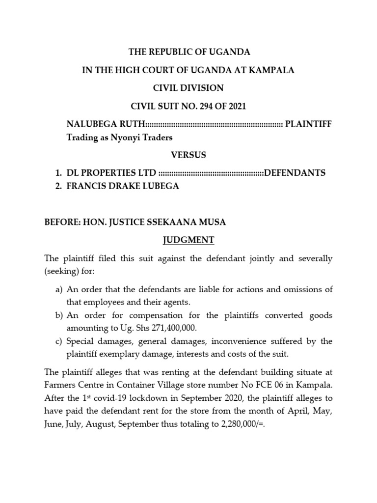Uganda High Court Judgment on Tenant Dispute | PDF | Conversion (Law ...