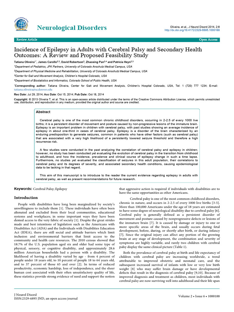 Incidence of Epilepsy in Adults With Cerebral Palsy and Secondary ...