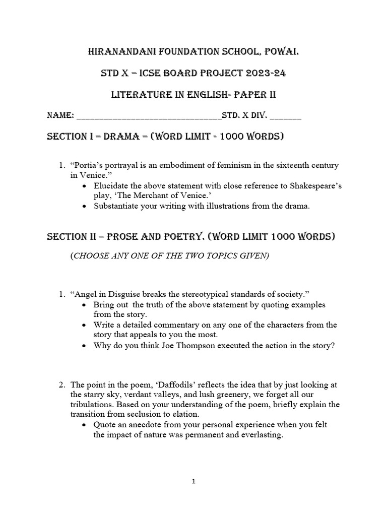 ICSE Std X English Literature Project | PDF