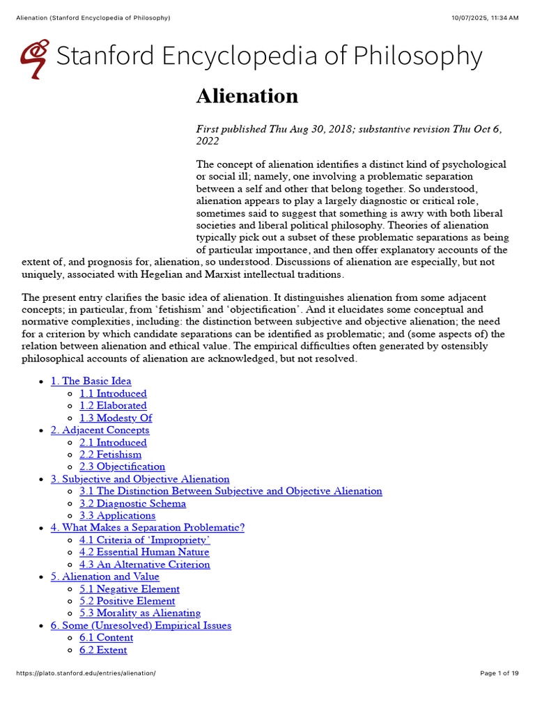 Alienation (Stanford Encyclopedia of Philosophy) | PDF | Marx's Theory ...