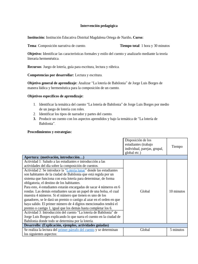 Plan de Clase | PDF | Cuentos | Aprendizaje