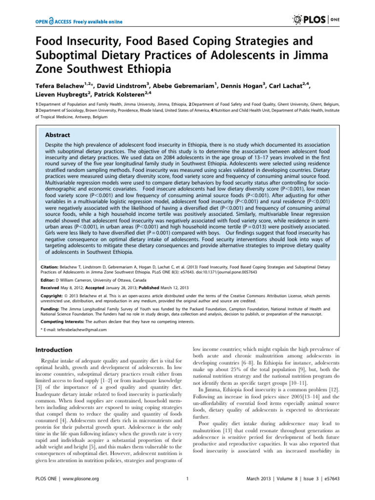 Adolescent Food Insecurity in Ethiopia | PDF | Dependent And ...