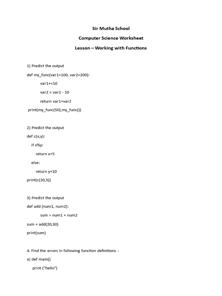 Computer Science Functions Worksheet | PDF | Parameter (Computer ...