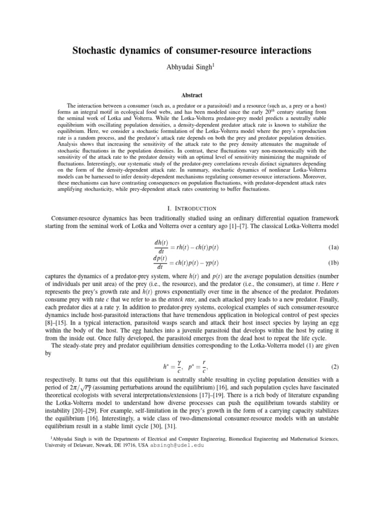 Stochastic Dynamics of Consumer-Resource Interacti | PDF | Stability ...