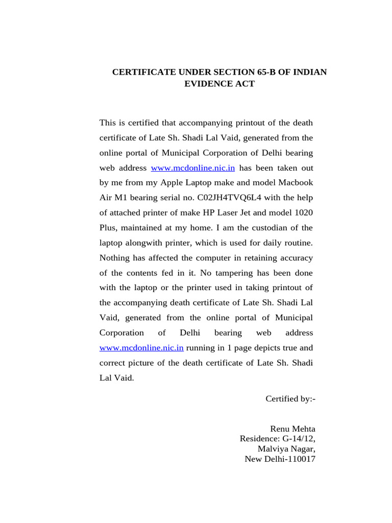 65-B Certificate for Death Record | PDF