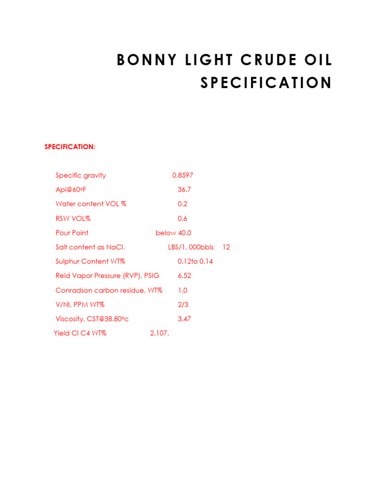 Bonny Light Crude Oil Specification | PDF