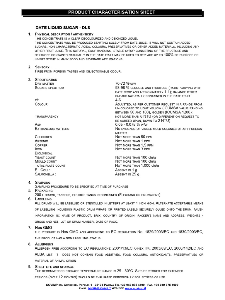 Product Characterisation DLS STD 70-72 BX | PDF | Fructose | Glucose