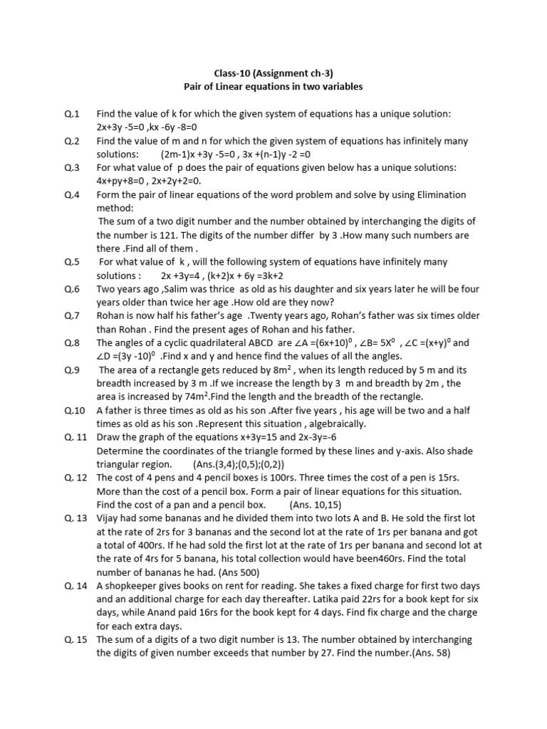 Class 10 Linear Equations Assignment | PDF | Mathematics | Mathematical ...
