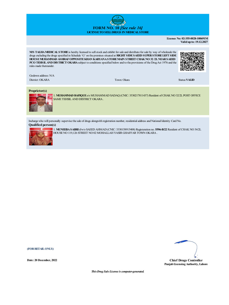 Talha Medical Store Drug License | PDF