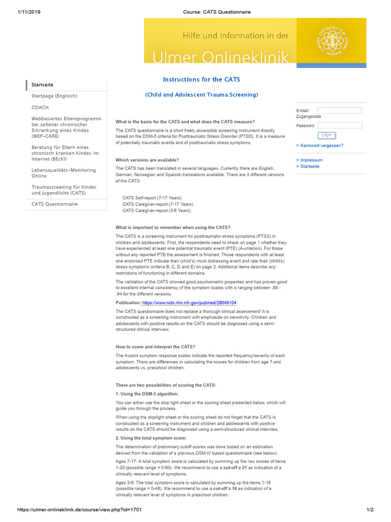 Course - CATS Questionnaire | PDF | Psychological Trauma | Mental Health