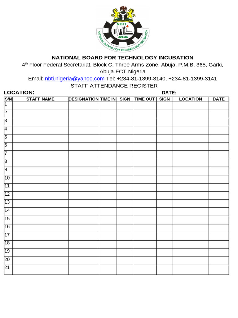 NBTI Staff Attendance Register Template | PDF