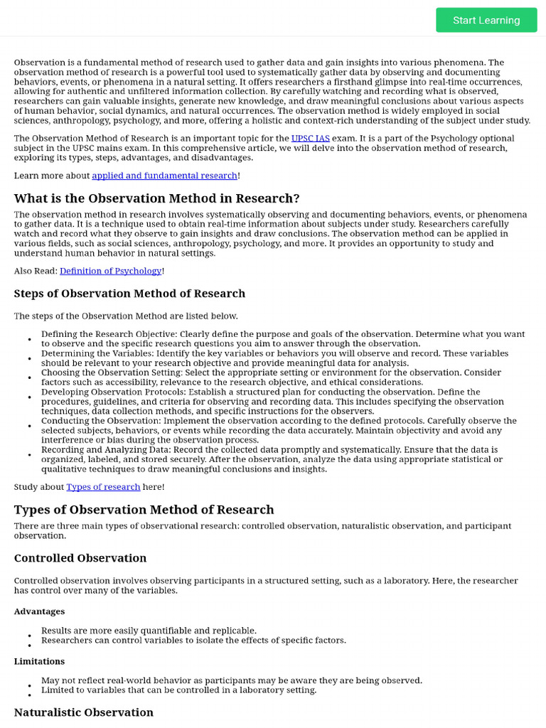 Observation Method of Research Methodology - Psychology Notes | PDF