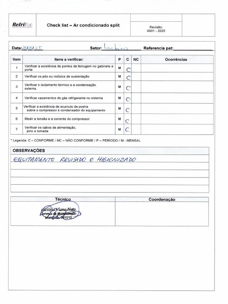 Check List de Ar Cond Refriloc X Jaime Mes 05 2025 | PDF