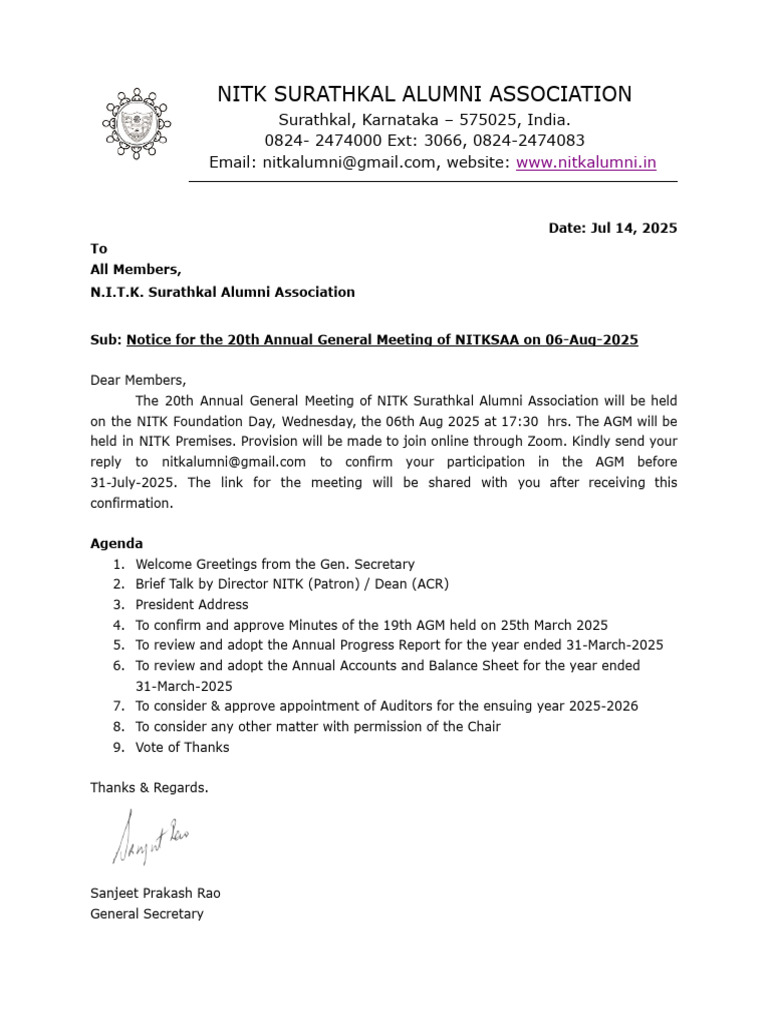 NITK Surathkal Alumni AGM Notice 2025 | PDF
