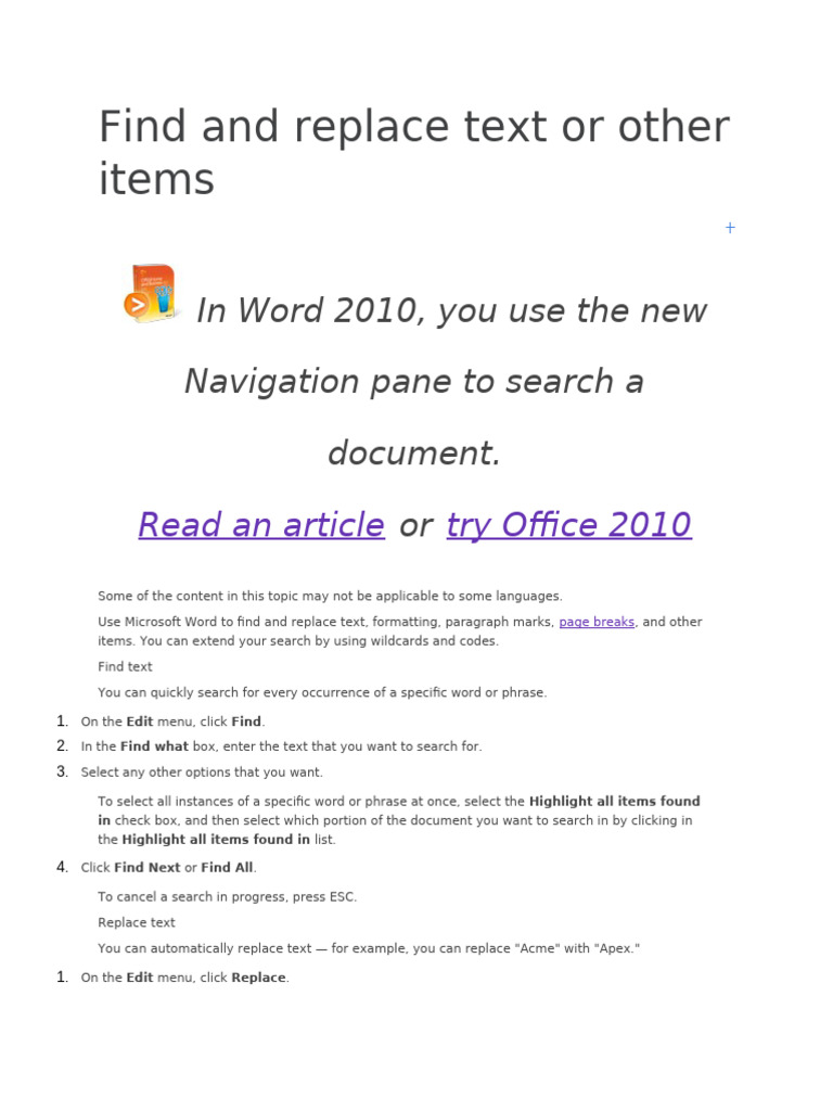 Word 2010 Find and Replace Guide | PDF | Noun | Verb