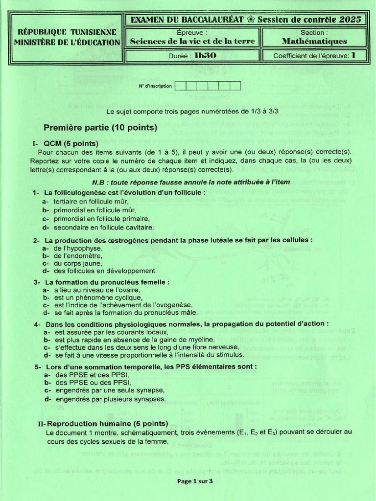 Epreuve SVT Bac Math Session de Contrôle 2025.PDF Version 1 | PDF