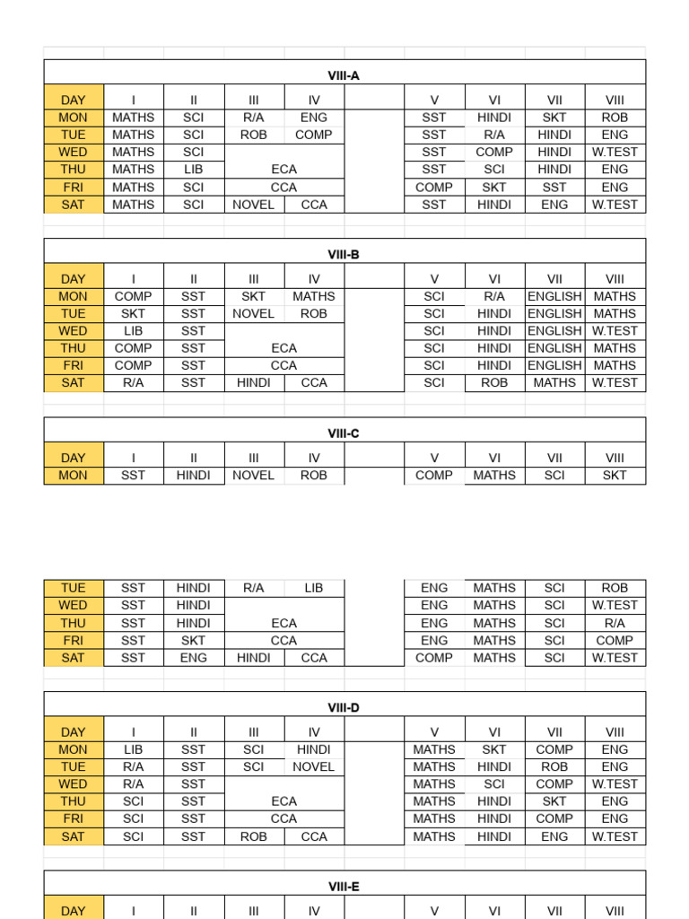 Weekly Class Schedule for Grade VIII | PDF