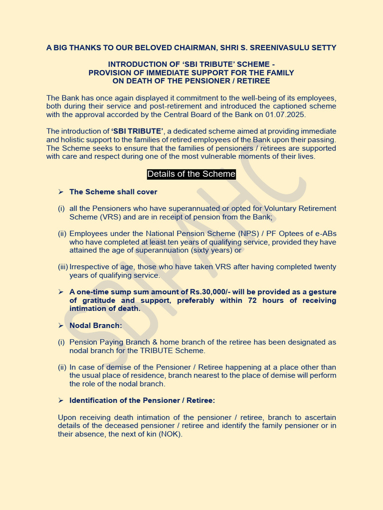 SBI Tribute Scheme for Deceased Pensioners | PDF | Pension | Retirement