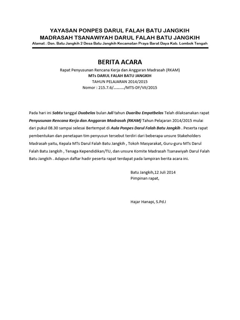 Rapat RKAM MTs Darul Falah 2014/2015 | PDF