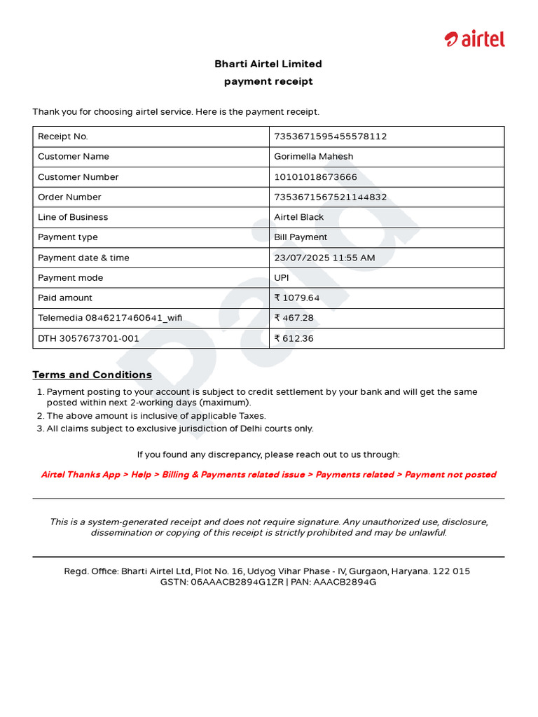 Airtel Receipt | PDF