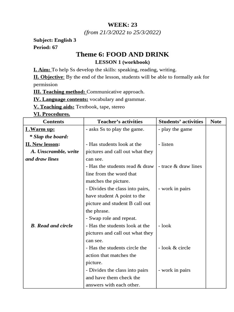 English 3 Lesson Plans: Food & Drink | PDF | Flashcard | English Language