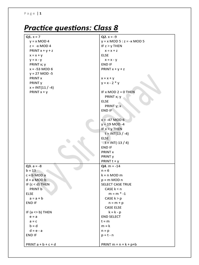 Class 8 Practice Questions and Excel Functions | PDF | Multiplication ...