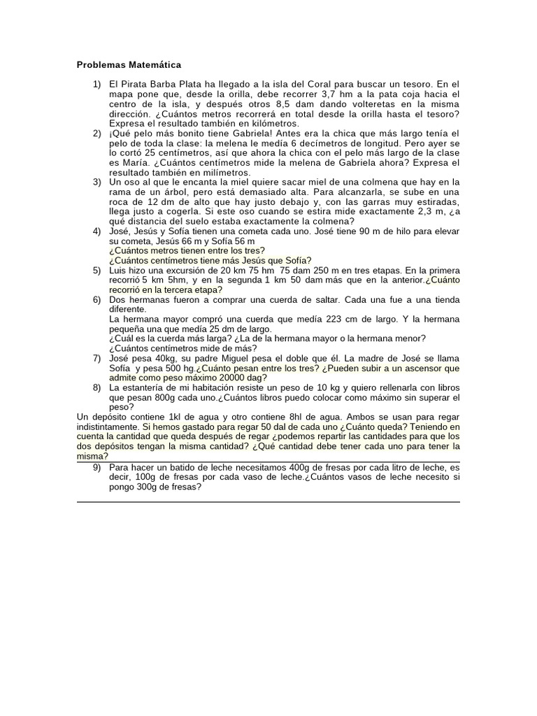 Problemas Matemáticos de Medidas y Pesos | PDF | Litro | Cantidad