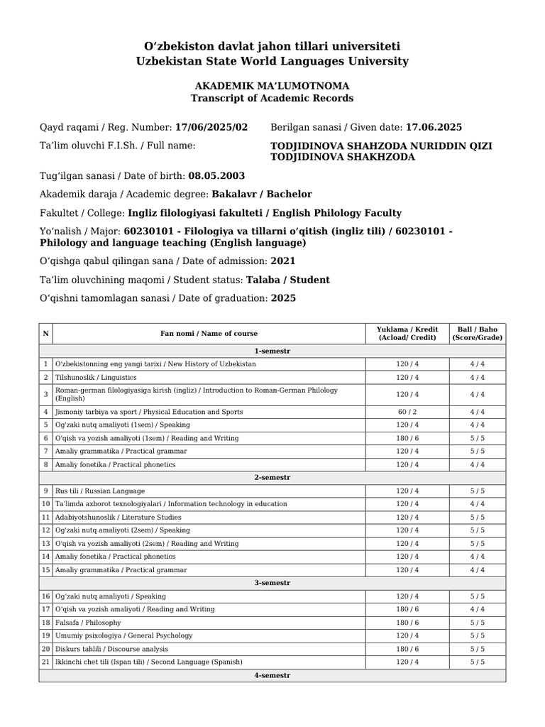 Uzbekistan State University Transcript | PDF | Communication | Liberal ...