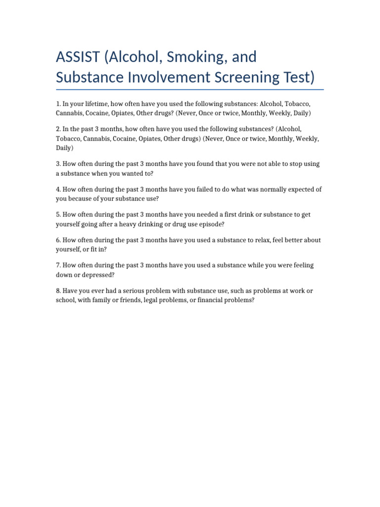 ASSIST Substance Use Screening Tool | PDF