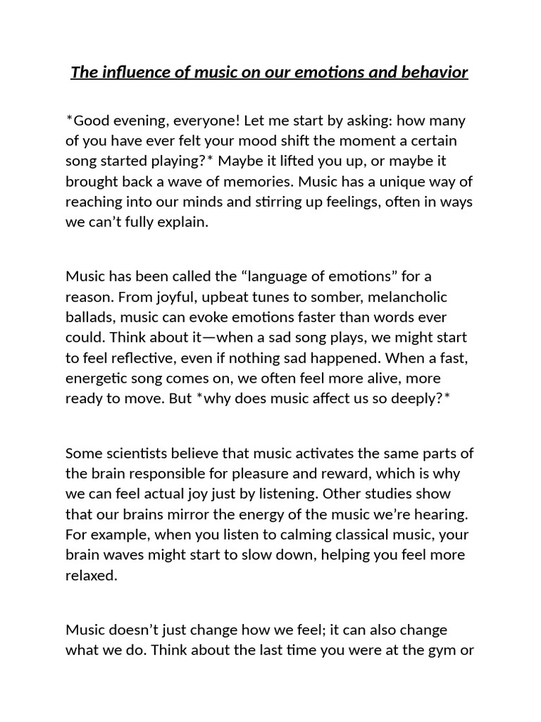 Music's Impact on Emotions and Behavior | PDF | Emotions | Feeling