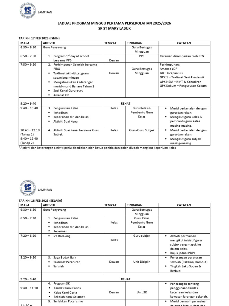 Jadual Program Minggu Pertama Sekolah 2025 | PDF