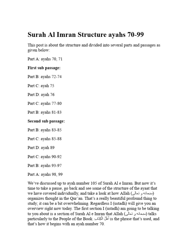 Surah Al Imran Structure 70 99 | PDF | Prophets And Messengers In Islam ...