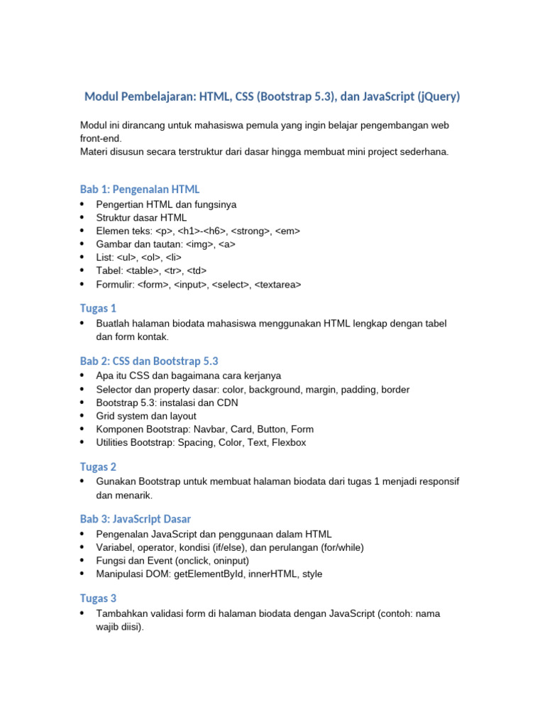 Panduan Belajar HTML, CSS, JS, jQuery | PDF
