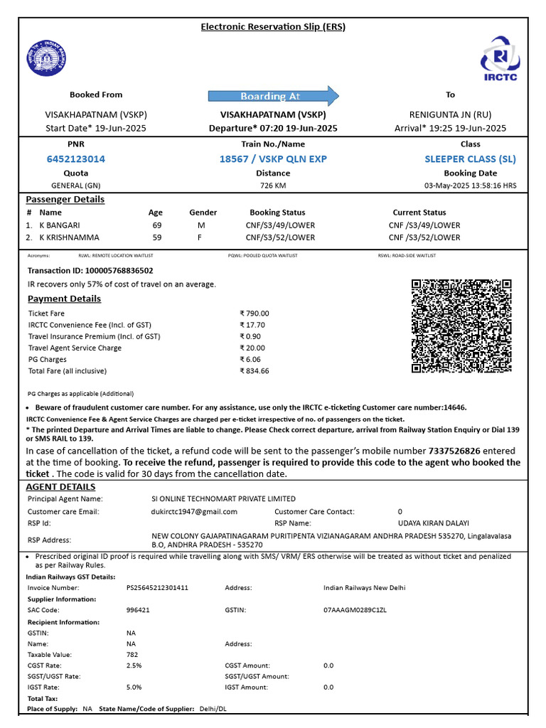 VSKP QLN EXP Booking Confirmation | PDF | Taxation | Government Finances