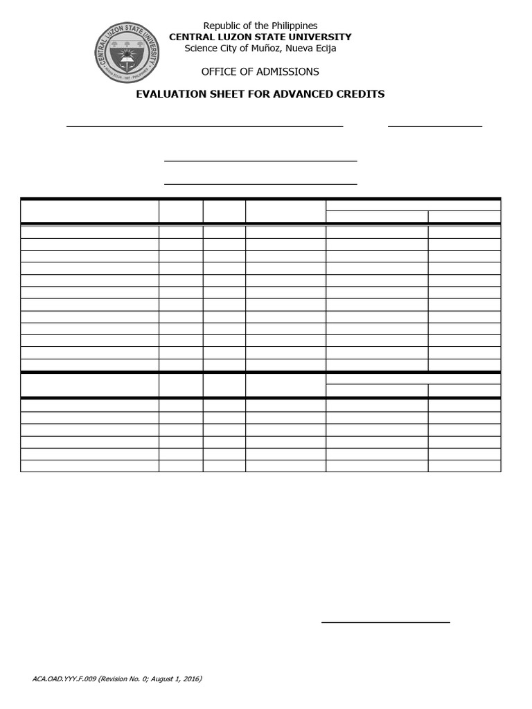 CLSU Advanced Credit Evaluation Form | PDF | Academia | Higher Education