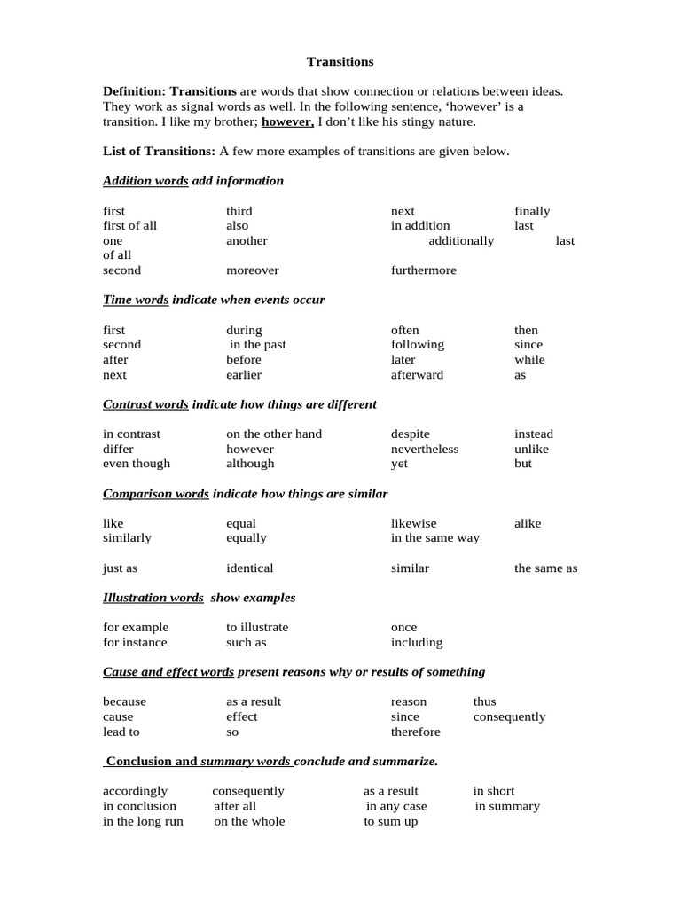 Comprehensive Transitions List | PDF