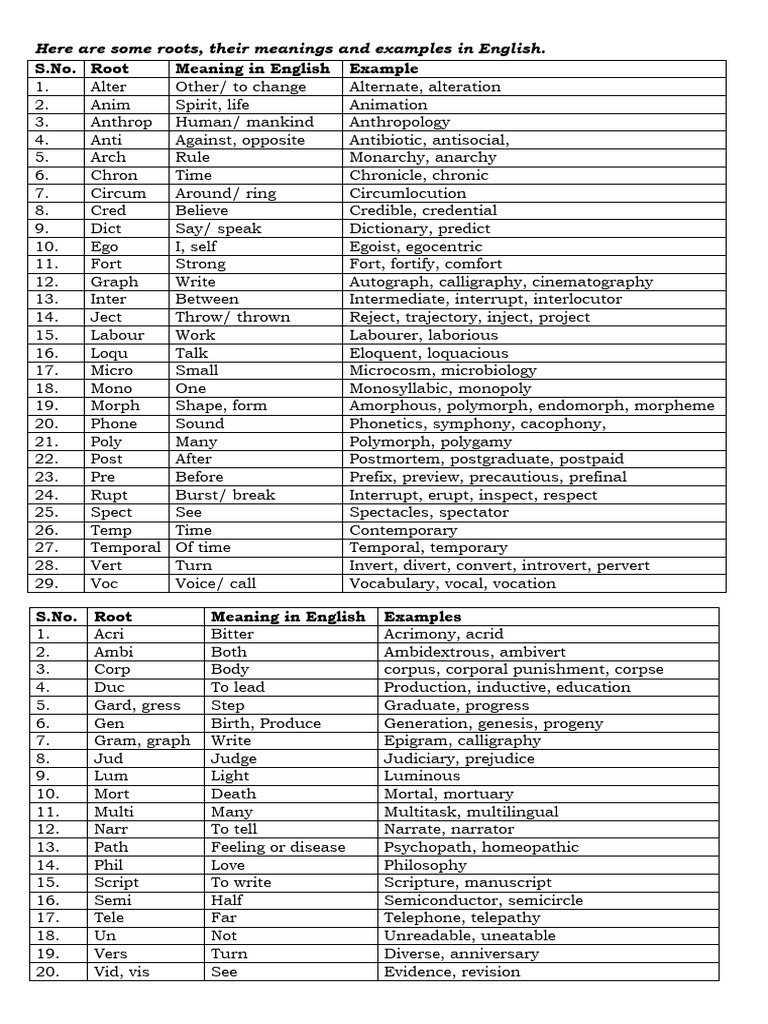 Roots, Thieir Meanings and Examples | PDF